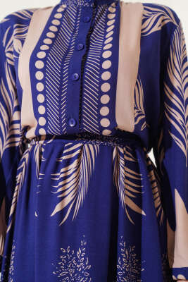 Yaprak Desenli Kuşaklı Elbise Lacivert - Tesettür Elbise