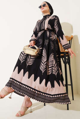 Yaprak Desenli Kuşaklı Elbise Siyah Bej 