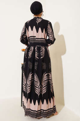 Yaprak Desenli Kuşaklı Elbise Siyah Bej - Tesettür Elbise