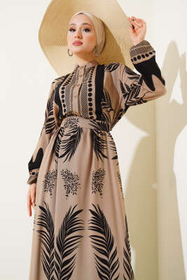 Yaprak Desenli Kuşaklı Elbise Siyah - Tesettür Elbise