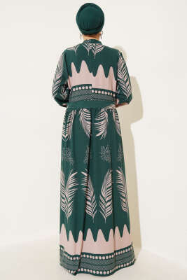 Yaprak Desenli Kuşaklı Elbise Zümrüt - Tesettür Elbise