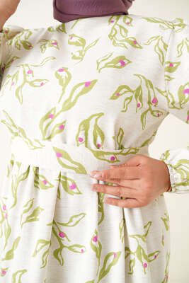 Yaprak Desenli Kuşaklı Kat Kat Elbise Yeşil - Thumbnail