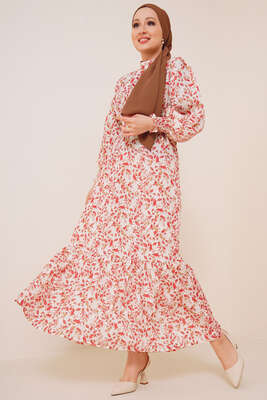 Yaprak Desenli Kuşaklı Şifon Elbise Kiremit - Thumbnail