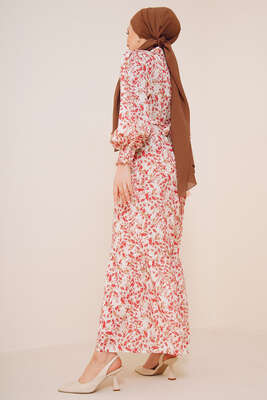 Yaprak Desenli Kuşaklı Şifon Elbise Kiremit - Thumbnail