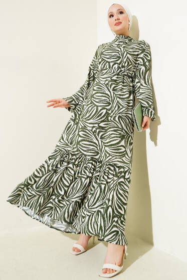 Yaprak Desenli Kuşaklı Viskon Elbise Haki - Elbise