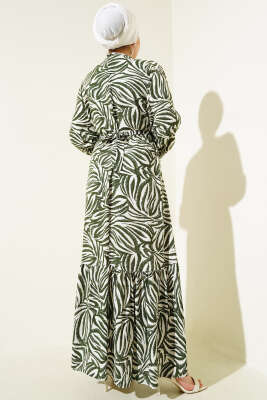 Yaprak Desenli Kuşaklı Viskon Elbise Haki - Tesettür Elbise