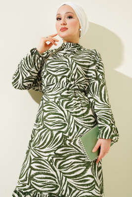 Yaprak Desenli Kuşaklı Viskon Elbise Haki - Tesettür Elbise
