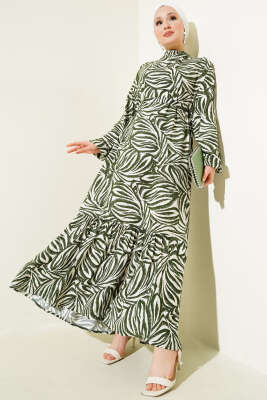 Yaprak Desenli Kuşaklı Viskon Elbise Haki - TEGOE