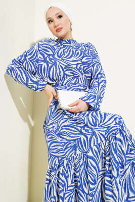 Yaprak Desenli Kuşaklı Viskon Elbise Saks - Tesettür Elbise