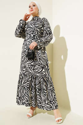 Yaprak Desenli Kuşaklı Viskon Elbise Siyah 