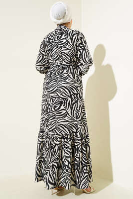 Yaprak Desenli Kuşaklı Viskon Elbise Siyah - Tesettür Elbise