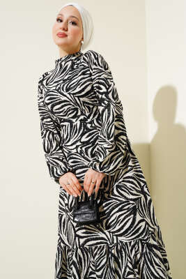 Yaprak Desenli Kuşaklı Viskon Elbise Siyah - Tesettür Elbise