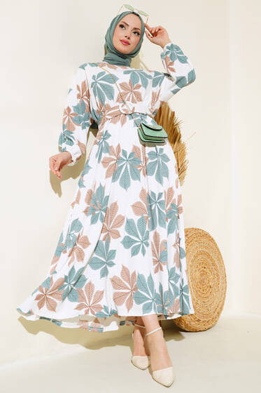 Yaprak Desenli Mevlana Elbise Çağla Yeşili - Elbise