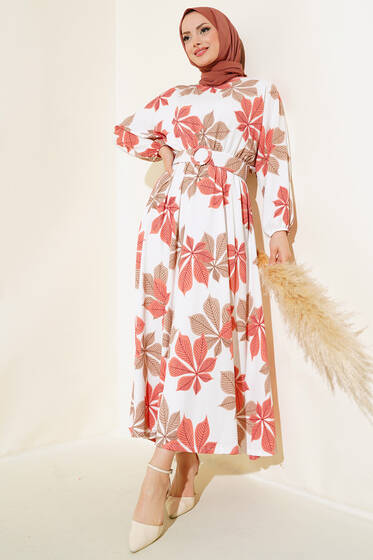 Yaprak Desenli Mevlana Elbise Gül Kurusu - Elbise