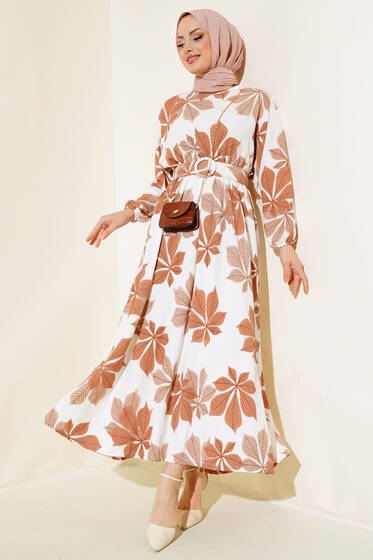 Yaprak Desenli Mevlana Elbise Latte - Elbise