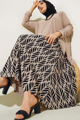 Yaprak Desenli Pliseli Etekli Takım Bej 