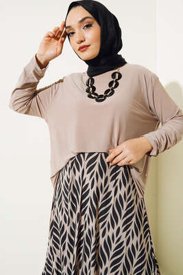 Yaprak Desenli Pliseli Etekli Takım Bej - İKİLİ TAKIM