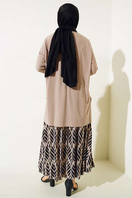 Yaprak Desenli Pliseli Etekli Takım Bej - İKİLİ TAKIM