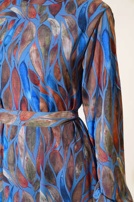 Yaprak Desenli Şifon Elbise İndigo - Thumbnail
