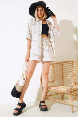 Yaprak Desenli Şortlu İkili Takım Latte - Kadın Giyim Modelleri