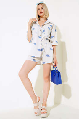 Yaprak Desenli Şortlu İkili Takım Saks - Kadın Giyim Modelleri