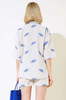 Yaprak Desenli Şortlu İkili Takım Saks - Kadın Giyim Modelleri