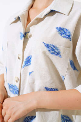 Yaprak Desenli Şortlu İkili Takım Saks - Kadın Giyim Modelleri