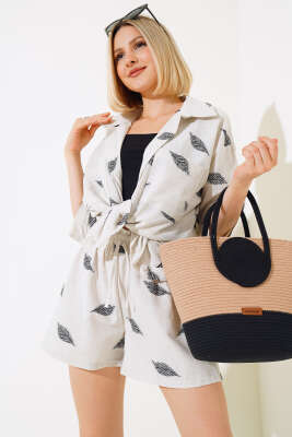 Yaprak Desenli Şortlu İkili Takım Siyah - Kadın Giyim Modelleri