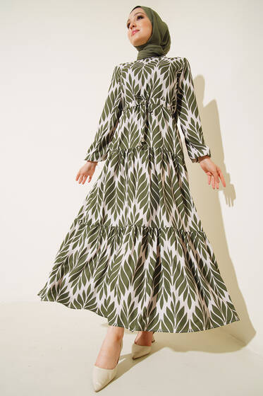 Yaprak Desenli Tünelli Elbise Haki - Tesettür Elbise