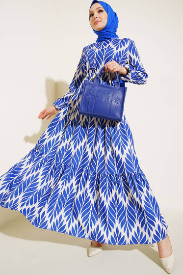 Yaprak Desenli Tünelli Elbise Saks - Tesettür Elbise