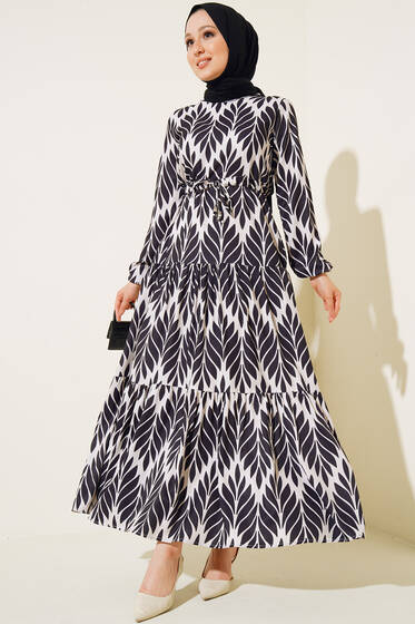 Yaprak Desenli Tünelli Elbise Siyah - Tesettür Elbise