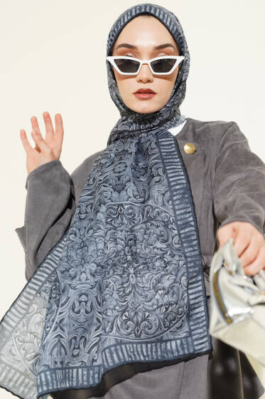 Yaprak İşlemeli Şal Gri - Başörtüsü