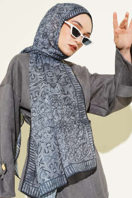 Yaprak İşlemeli Şal Gri - Başörtüsü