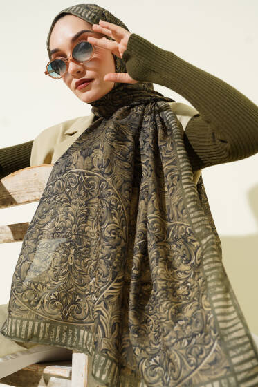 Yaprak İşlemeli Şal Haki - Başörtüsü