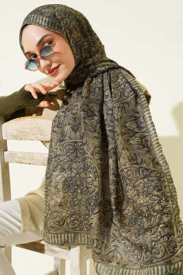 Yaprak İşlemeli Şal Haki - Başörtüsü