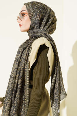 Yaprak İşlemeli Şal Haki - Başörtüsü