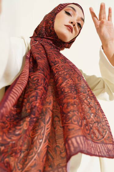 Yaprak İşlemeli Şal Kiremit - Başörtüsü