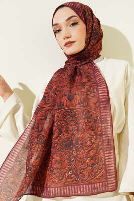 Yaprak İşlemeli Şal Kiremit - Başörtüsü