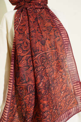 Yaprak İşlemeli Şal Kiremit - Başörtüsü