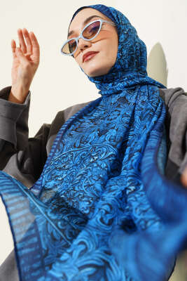 Yaprak İşlemeli Şal Lacivert 