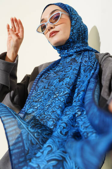 Yaprak İşlemeli Şal Lacivert - Başörtüsü