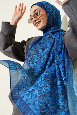 Yaprak İşlemeli Şal Lacivert - Başörtüsü