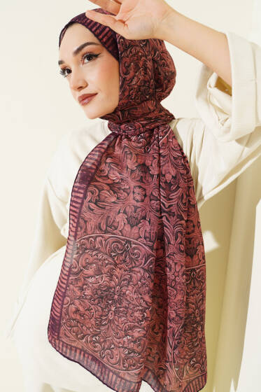 Yaprak İşlemeli Şal Mor - Başörtüsü