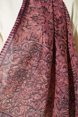 Yaprak İşlemeli Şal Mor - Başörtüsü