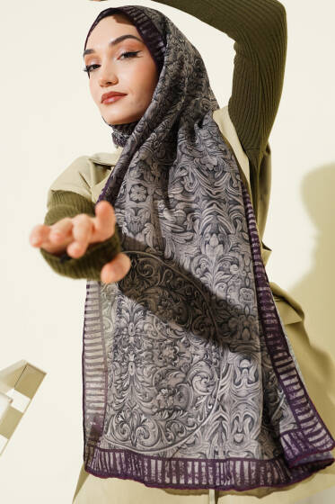 Yaprak İşlemeli Şal Mürdüm - Başörtüsü