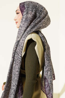 Yaprak İşlemeli Şal Mürdüm - Başörtüsü