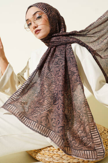 Yaprak İşlemeli Şal Vizon - Başörtüsü