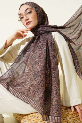 Yaprak İşlemeli Şal Vizon - Başörtüsü