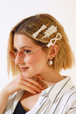 Yaprak Motifli İncili Toka Set Gold - Toka