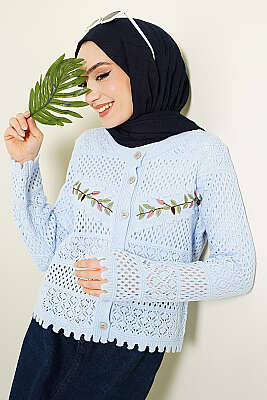 Yaprak Nakışlı Ajurlu Kısa Triko Hırka Bebe Mavi - VANİZA TRİKO